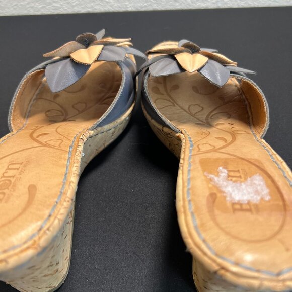 Born Women 9 M/W Leather Flower Wedge Sandals Slip Ons Cork Heel 3"  Beige Blue - Picture 11 of 14